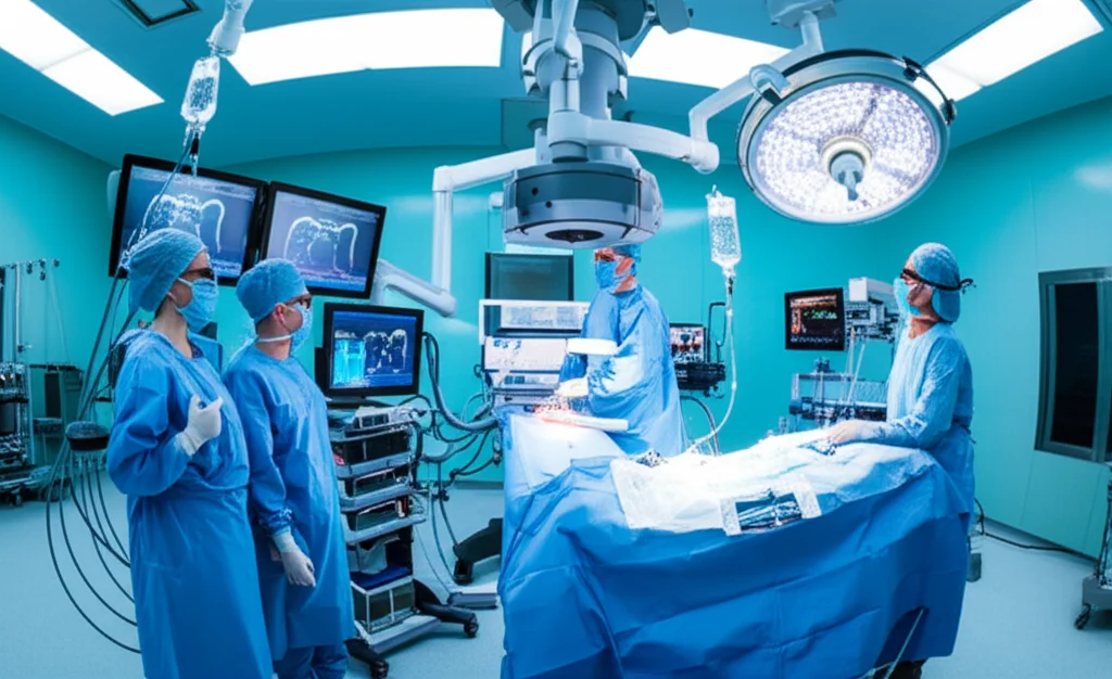 Fotografia grandangolare di una moderna sala operatoria urologica durante un intervento RIRS, con il team chirurgico concentrato sui monitor, equipaggiamento endoscopico visibile, illuminazione brillante, obiettivo 24mm wide-angle.
