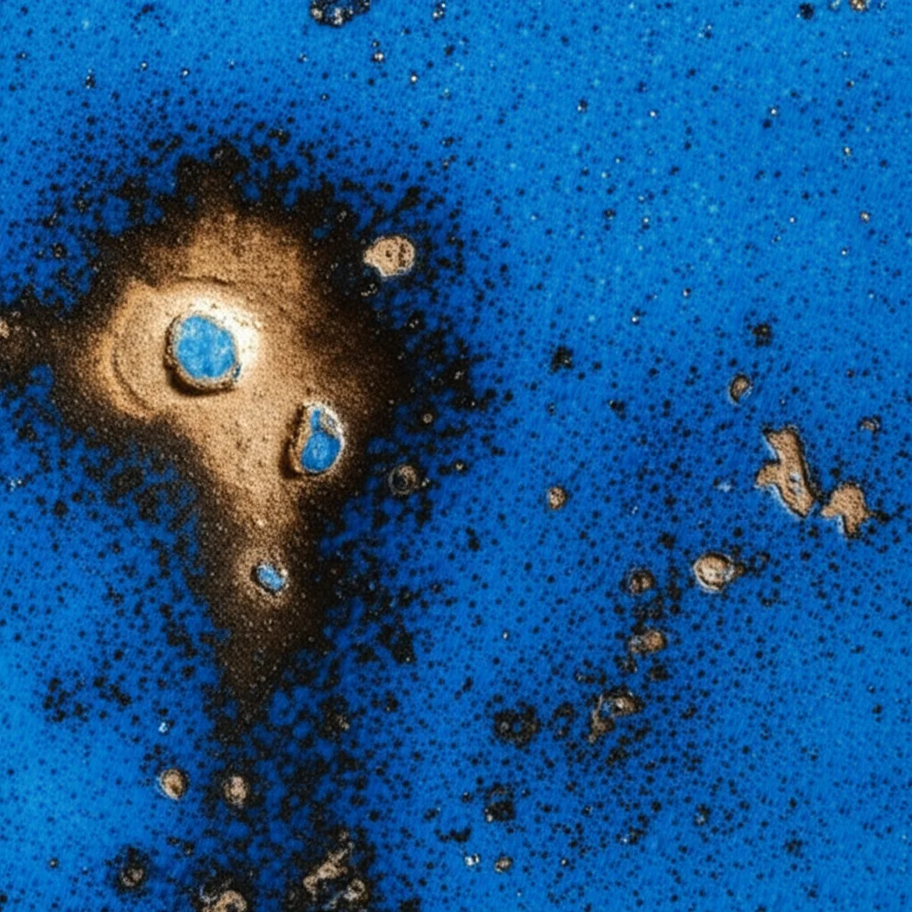 Fotografia macro, lente 85mm, di piastrelle smaltate antiche di colore blu antracite con evidenti macchie scure e scolorimento dovuti alla crescita microbica (biodeterioramento), illuminazione laterale controllata per evidenziare la texture, alta definizione, messa a fuoco precisa sulle aree danneggiate.