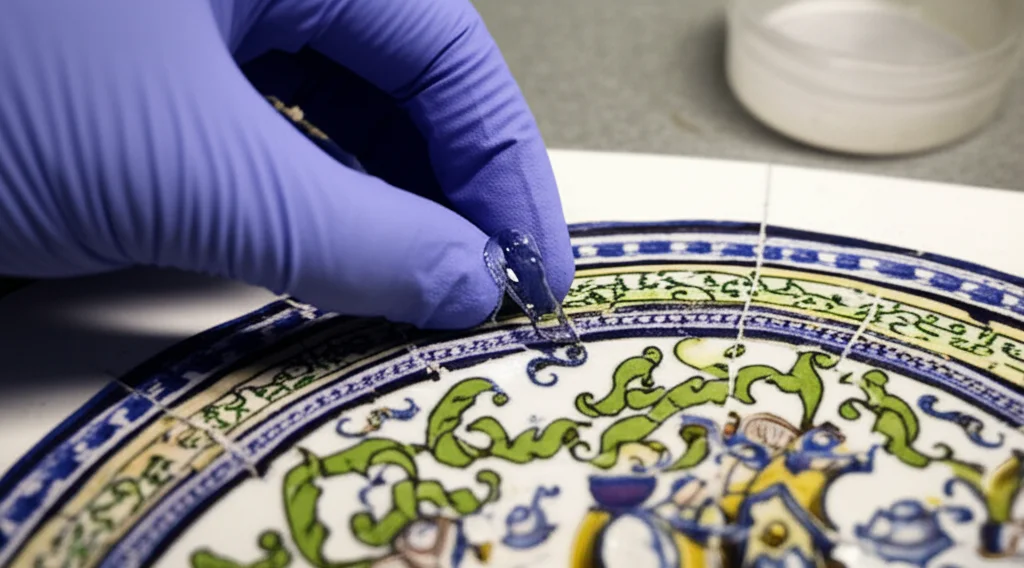 Scatto ravvicinato, lente prime 50mm, della mano guantata di un restauratore che applica con cura un patch di idrogel traslucido su una sezione di piastrella smaltata antica deteriorata, parte di una facciata monumentale. Luce naturale diffusa, profondità di campo ridotta per mettere a fuoco l'applicazione.