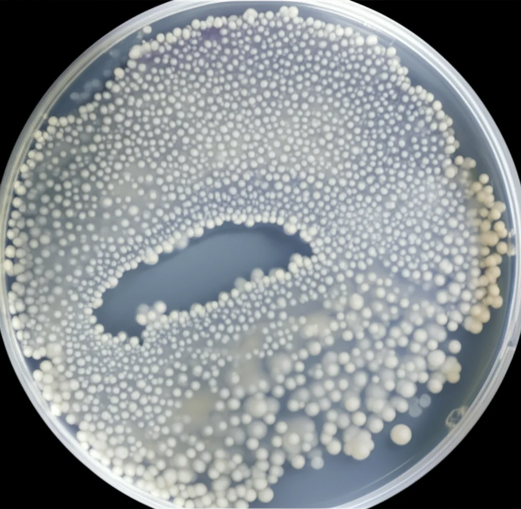 Macro fotografia di colonie di lievito Komagataella phaffii su una piastra di Petri. Obiettivo macro 90mm, alta definizione, illuminazione da laboratorio controllata, messa a fuoco precisa sulle texture delle colonie.