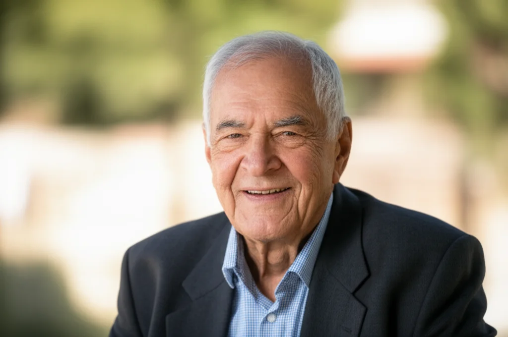 Ritratto di un uomo anziano sorridente (oltre 75 anni) in un ambiente esterno luminoso e naturale, obiettivo 35mm portrait, profondità di campo ridotta per sfocare lo sfondo, toni caldi e luce naturale.