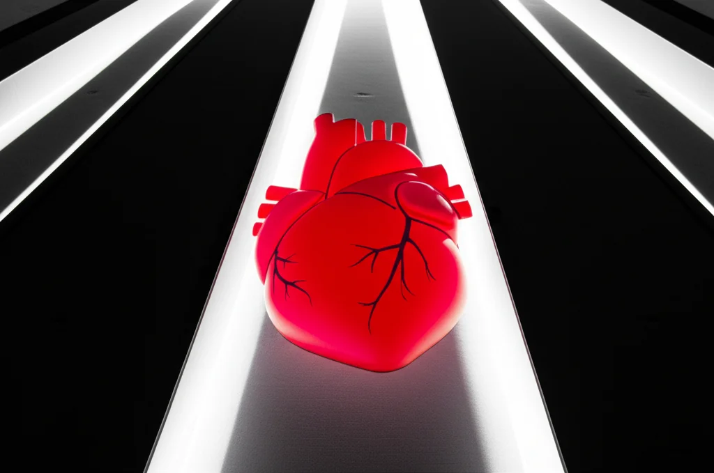 Nove pilastri stilizzati che sorreggono simbolicamente un cuore e dei polmoni luminosi. Immagine concettuale, obiettivo grandangolare 24mm, messa a fuoco nitida, illuminazione drammatica.