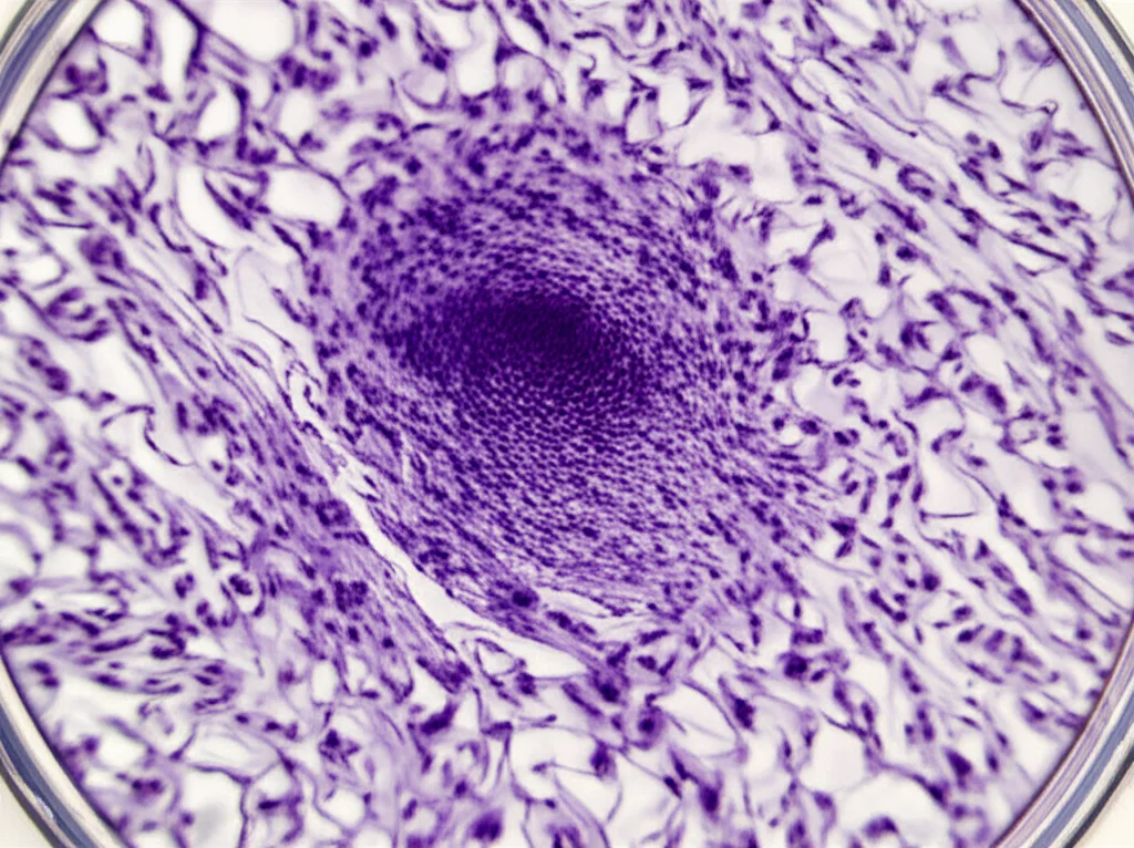 Macro fotografia, lente 90mm, di un frammento di tessuto ovarico di pecora su una piastra di Petri prima del trattamento enzimatico, illuminazione da laboratorio controllata, alta definizione, focus sulla texture fibrosa del tessuto corticale.