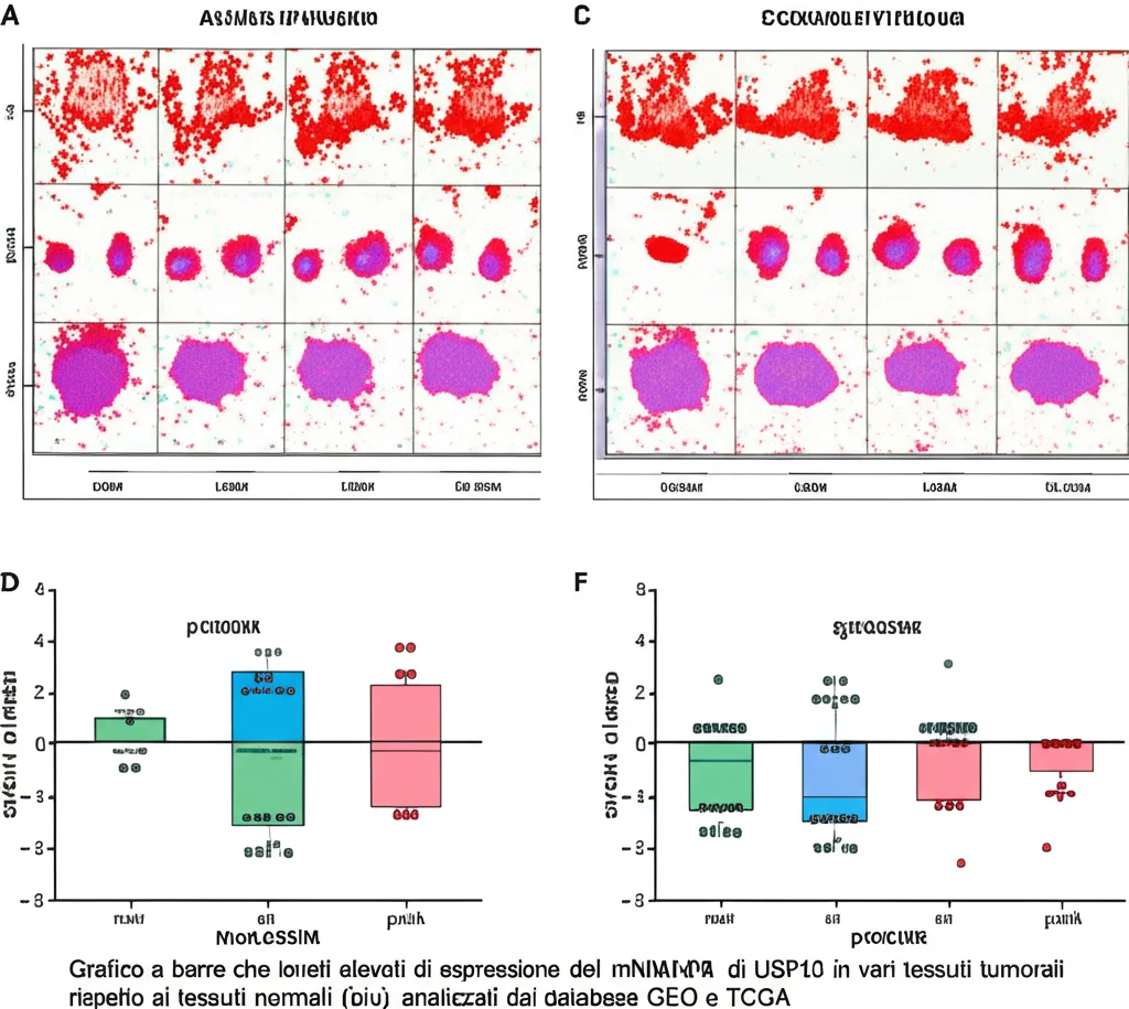Grafico a barre che mostra livelli elevati di espressione del mRNA di USP13 in vari tessuti tumorali (rosso) rispetto ai tessuti normali (blu), analizzati dai database GEO e TCGA. High detail, stile infografica scientifica, colori chiari e contrastanti.