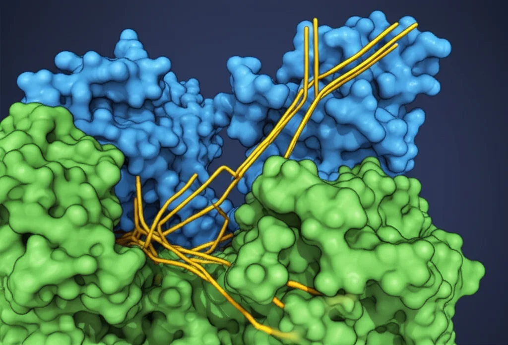 Visualizzazione 3D di una proteina USP13 (blu) che interagisce con una proteina WWP1 (verde), rimuovendo catene di ubiquitina (gialle). Macro lens, 80mm, high detail, precise focusing, sfondo astratto con elementi cellulari.