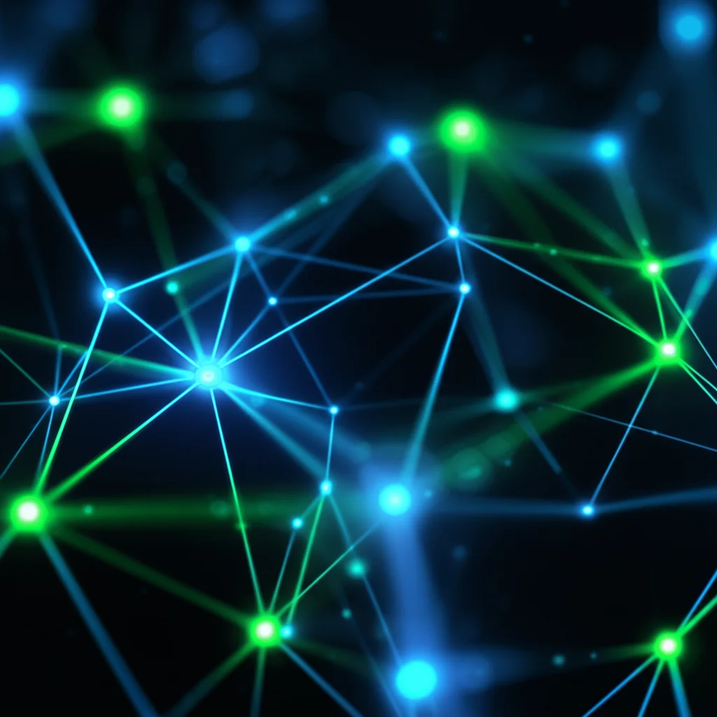 Visualizzazione astratta di una rete neurale artificiale con nodi luminosi blu e verdi interconnessi su sfondo scuro, che simboleggia l'elaborazione di dati proteici complessi, fotografia concettuale, obiettivo prime 35mm, profondità di campo, stile high-tech.