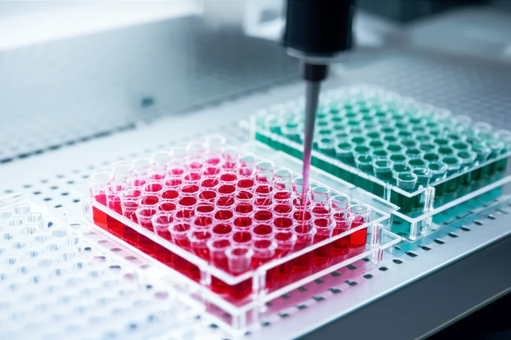Primo piano di piastre multiwell per test ELISA in un laboratorio di biotecnologia, con un braccio robotico che pipetta liquidi colorati. Illuminazione controllata da laboratorio, obiettivo macro 100mm, alta definizione, messa a fuoco precisa sui pozzetti.