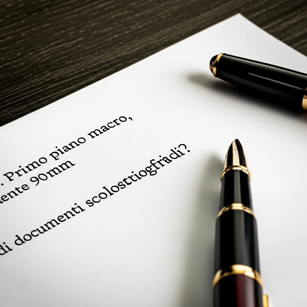 Primo piano macro, lente 90mm, di documenti scolastici e una penna stilografica su una scrivania di legno scuro, illuminazione laterale controllata che crea ombre morbide, alta definizione dei dettagli della carta e dell'inchiostro, simboleggiando la burocrazia e il processo formale di richiesta del Piano 504.