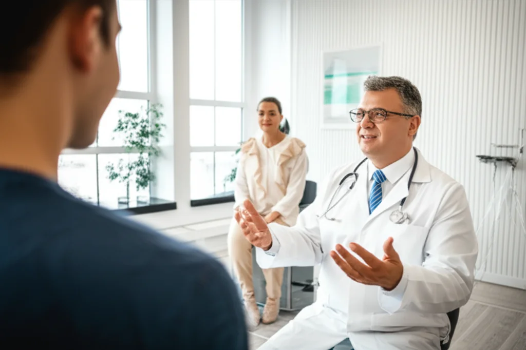 Medico sorridente in camice bianco che parla con una coppia in una luminosa sala di consultazione di una clinica della fertilità, luce naturale dalle finestre, obiettivo 35mm, profondità di campo media.