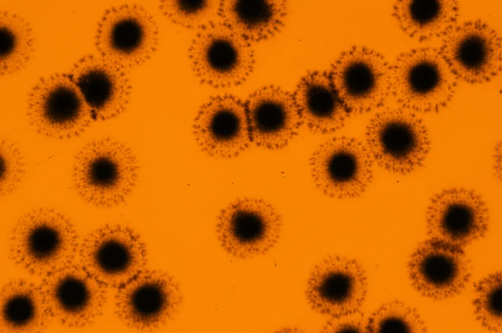 Macro fotografia di colonie del fungo Cladosporium che crescono su un terreno di coltura arancione in una piastra di Petri rotonda, 60mm macro lens, alta definizione, messa a fuoco precisa sui dettagli filamentosi del fungo, illuminazione controllata da laboratorio che evidenzia le texture.