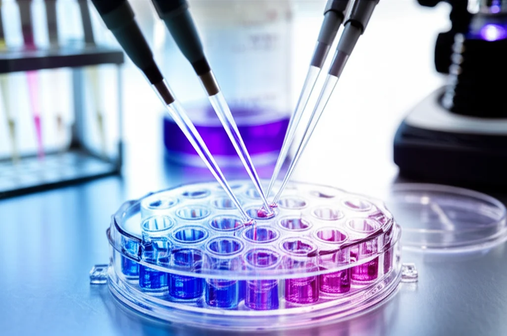 Immagine fotorealistica di piastre multi-pozzetto utilizzate per un saggio di vitalità cellulare (MTT assay) in un laboratorio di ricerca. Si vedono pipette, liquidi colorati (viola/blu) nei pozzetti che indicano i risultati del test, e un microscopio sullo sfondo. Macro lens 100mm, illuminazione controllata da laboratorio, alta definizione dei dettagli delle attrezzature.