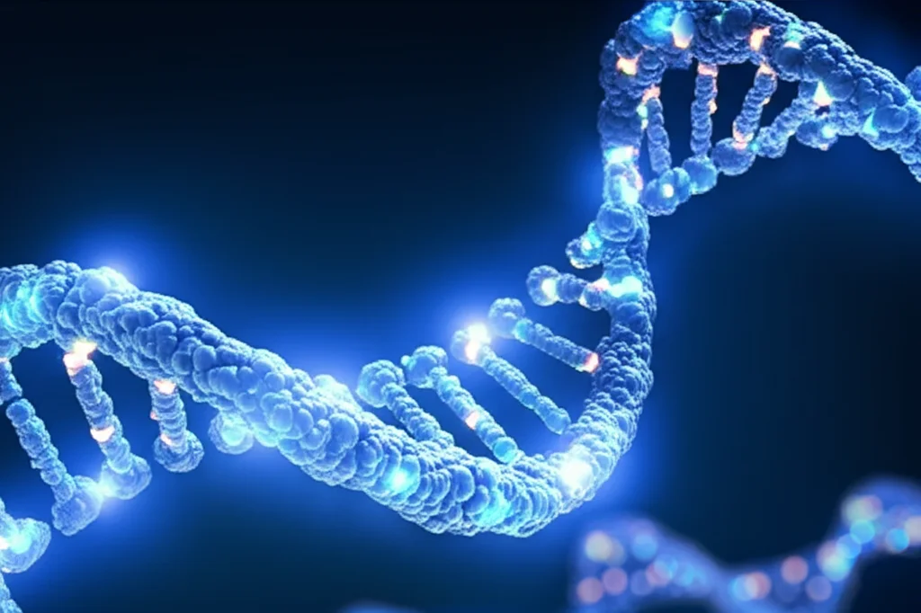 Visualizzazione 3D astratta di una doppia elica di DNA con gruppi metilici (sfere luminose) attaccati in specifici siti CpG, sfondo blu scuro high-tech. Macro lens, 85mm, high detail, controlled lighting.