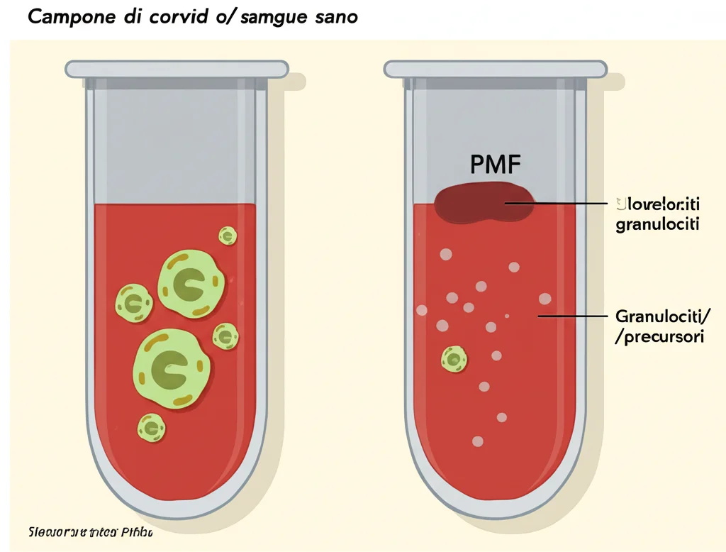Infografica stilizzata che mostra un campione di sangue sano con diverse proporzioni di cellule colorate (linfociti, monociti, granulociti) accanto a un campione di sangue PMF con proporzioni alterate e un aumento di granulociti/precursori. Sfondo neutro, stile flat design.