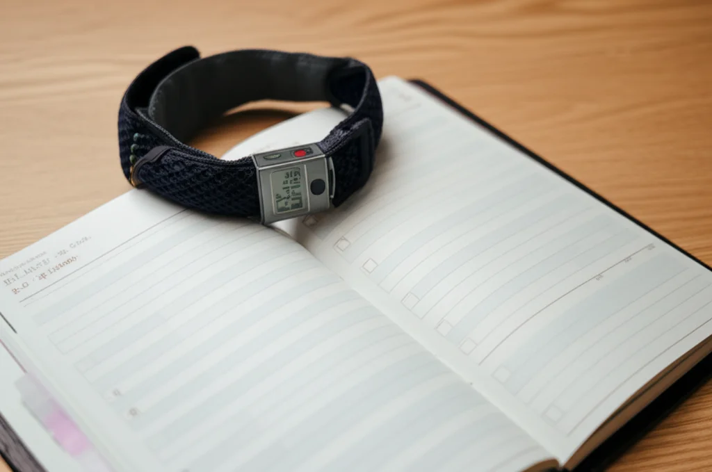 Fotografia macro di un bracciale per la misurazione della pressione sanguigna digitale appoggiato su un tavolo accanto a un diario della gravidanza aperto. Illuminazione da studio controllata che evidenzia i dettagli del tessuto del bracciale e della carta del diario, obiettivo macro 100mm, messa a fuoco precisa.