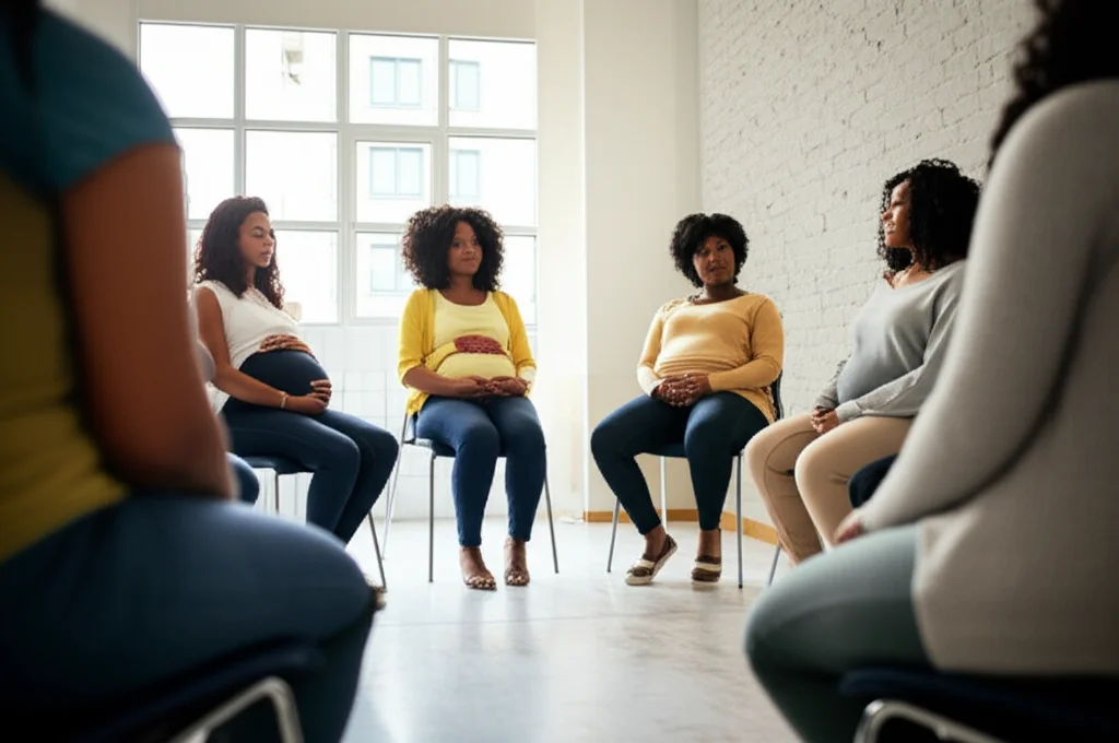 Foto in stile documentario che mostra un gruppo diversificato di donne incinte di varie etnie sedute in cerchio durante un incontro di supporto in un centro comunitario moderno e luminoso. Luce naturale che entra dalle finestre, obiettivo 35mm, atmosfera calda e accogliente.