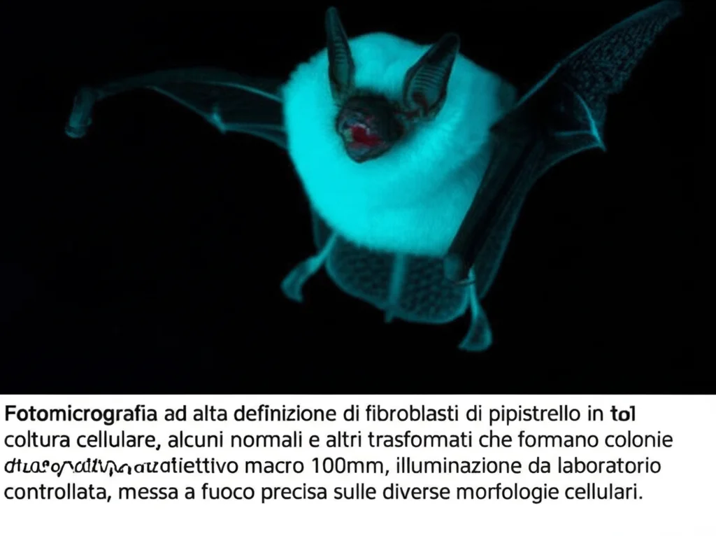 Fotomicrografia ad alta definizione di fibroblasti di pipistrello in coltura cellulare, alcuni normali e altri trasformati che formano colonie dense, obiettivo macro 100mm, illuminazione da laboratorio controllata, messa a fuoco precisa sulle diverse morfologie cellulari.