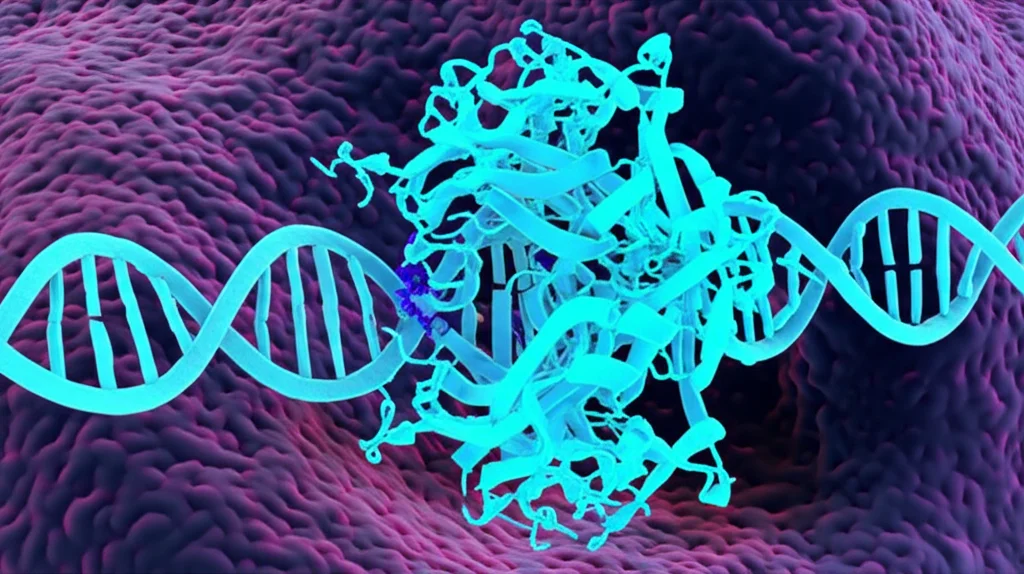 Visualizzazione 3D fotorealistica della proteina p53 (guardiano del genoma) che interagisce con un filamento di DNA danneggiato all'interno di un nucleo cellulare, stile artistico scientifico, profondità di campo, colori duotone ciano e magenta per evidenziare le molecole.
