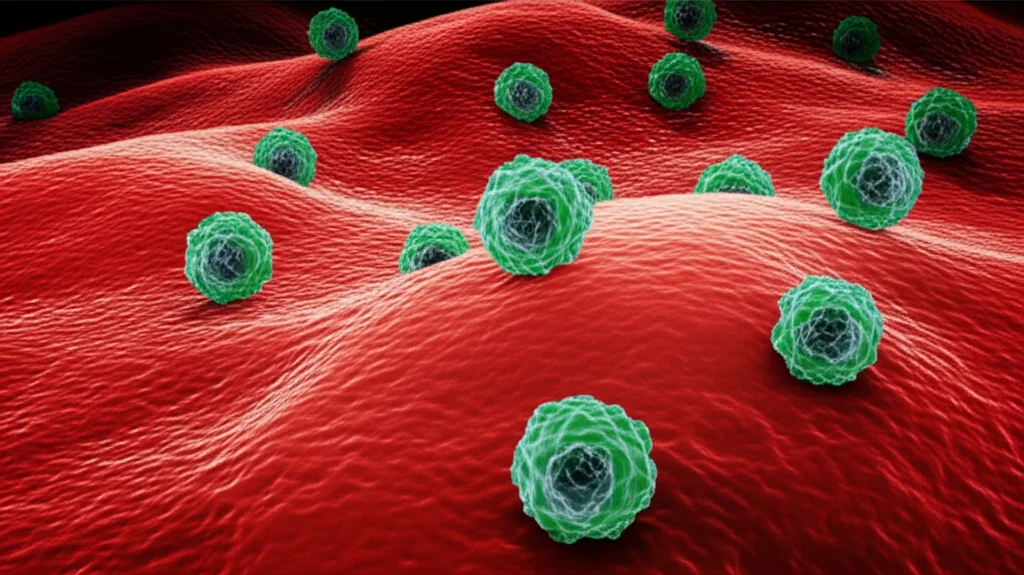 Illustrazione fotorealistica di cellule Natural Killer (NK) del sistema immunitario che circondano e attaccano una cellula tumorale isolata, teleobiettivo 200mm, alta velocità otturatore per catturare l'interazione dinamica, tracciamento del movimento, sfondo scuro e illuminazione drammatica.