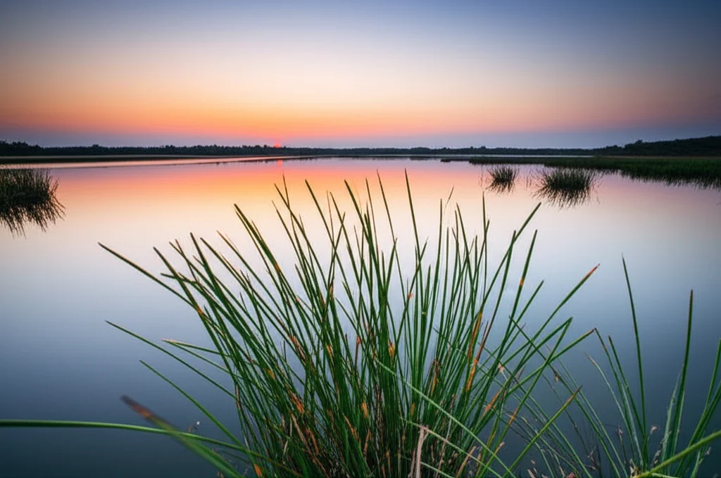 Paesaggio di una zona umida in Odisha, India, al tramonto. Wide-angle lens 18mm, long exposure per acqua liscia e cielo colorato, sharp focus sulle piante acquatiche in primo piano, atmosfera serena e naturale.