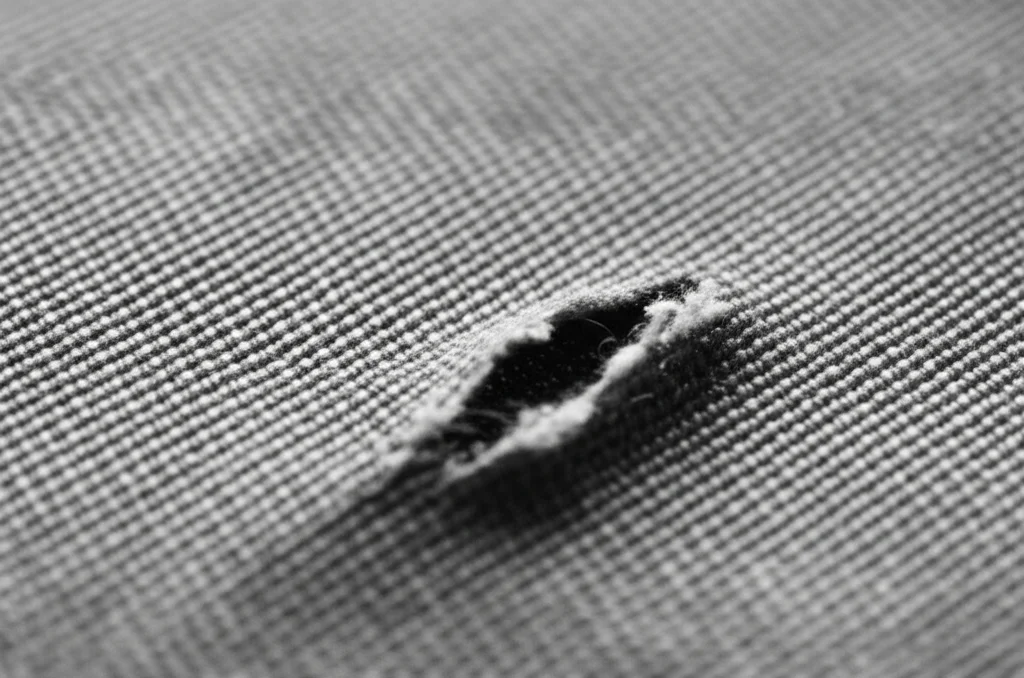Immagine macro fotorealistica, obiettivo 90mm, di una superficie tessile industriale con un piccolo strappo quasi invisibile. Illuminazione laterale controllata per evidenziare la texture e il difetto. Alta definizione, focus selettivo.
