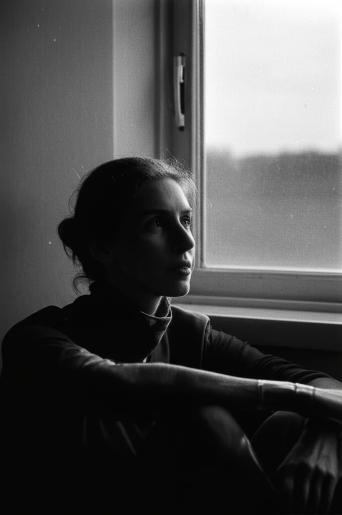 Ritratto fotografico di una persona dall'aspetto pensieroso, seduta vicino a una finestra in una giornata nuvolosa, illuminazione soffusa che crea ombre profonde sul viso, suggerendo introspezione e il peso nascosto della depressione lieve, 35mm, bianco e nero film.