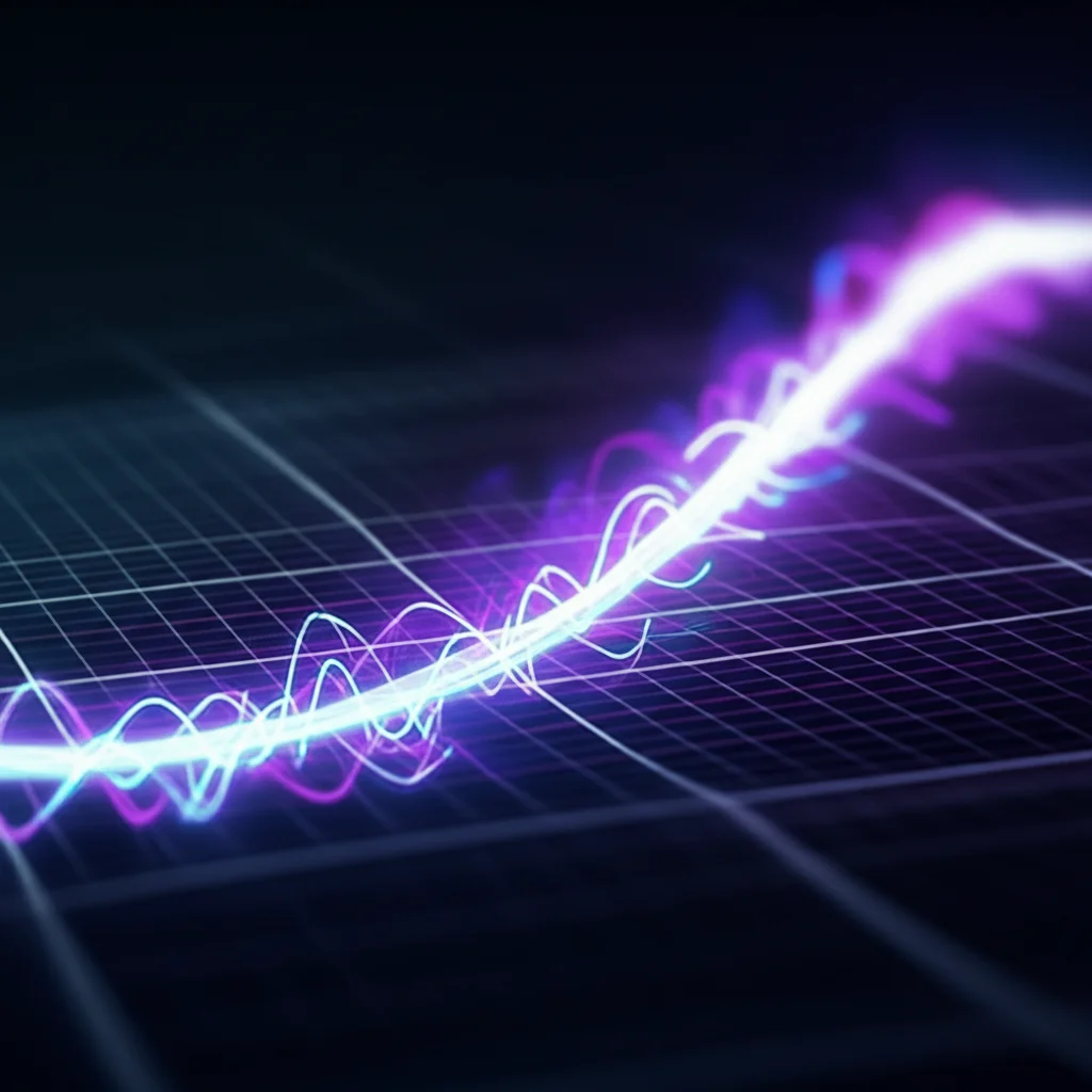Visualizzazione astratta di un grafico scientifico su uno schermo digitale, con una linea luminosa che mostra una curva non lineare: sale ripidamente all'inizio e poi si appiattisce. Rappresenta la relazione tra punteggio di depressione (asse x) e rischio di mortalità (asse y), colori blu e viola, messa a fuoco precisa sui dati.