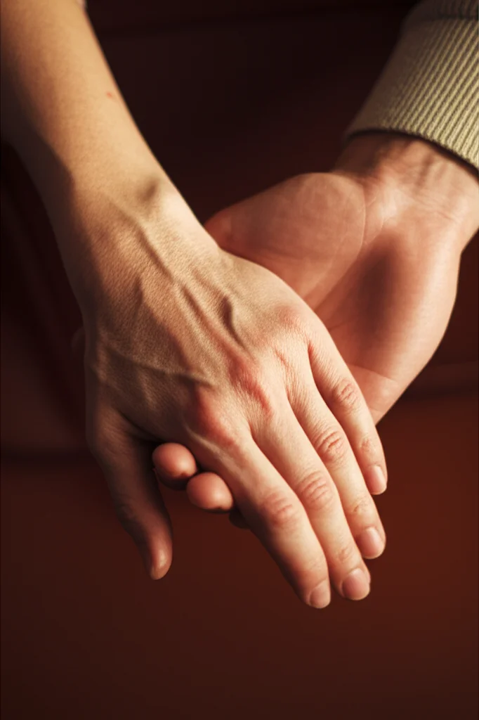 Immagine macro di due mani che si stringono delicatamente, una più anziana e una più giovane, simboleggiando supporto intergenerazionale, cura e l'importanza dell'intervento precoce nella gestione della salute mentale e fisica, illuminazione calda e controllata, alta definizione, lente 100mm macro.