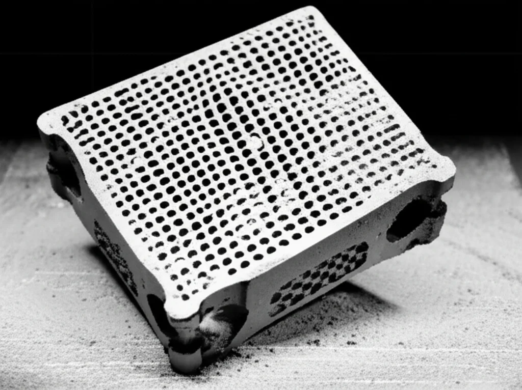 Immagine fotorealistica di un componente aeronautico metallico complesso, appena uscito da una stampante 3D a letto di polvere laser (LPBF), con ancora tracce di polvere metallica. Luce controllata, obiettivo macro 90mm, alta definizione per mostrare la texture superficiale e la complessità geometrica. Focus preciso sulla struttura reticolare interna visibile in una sezione.