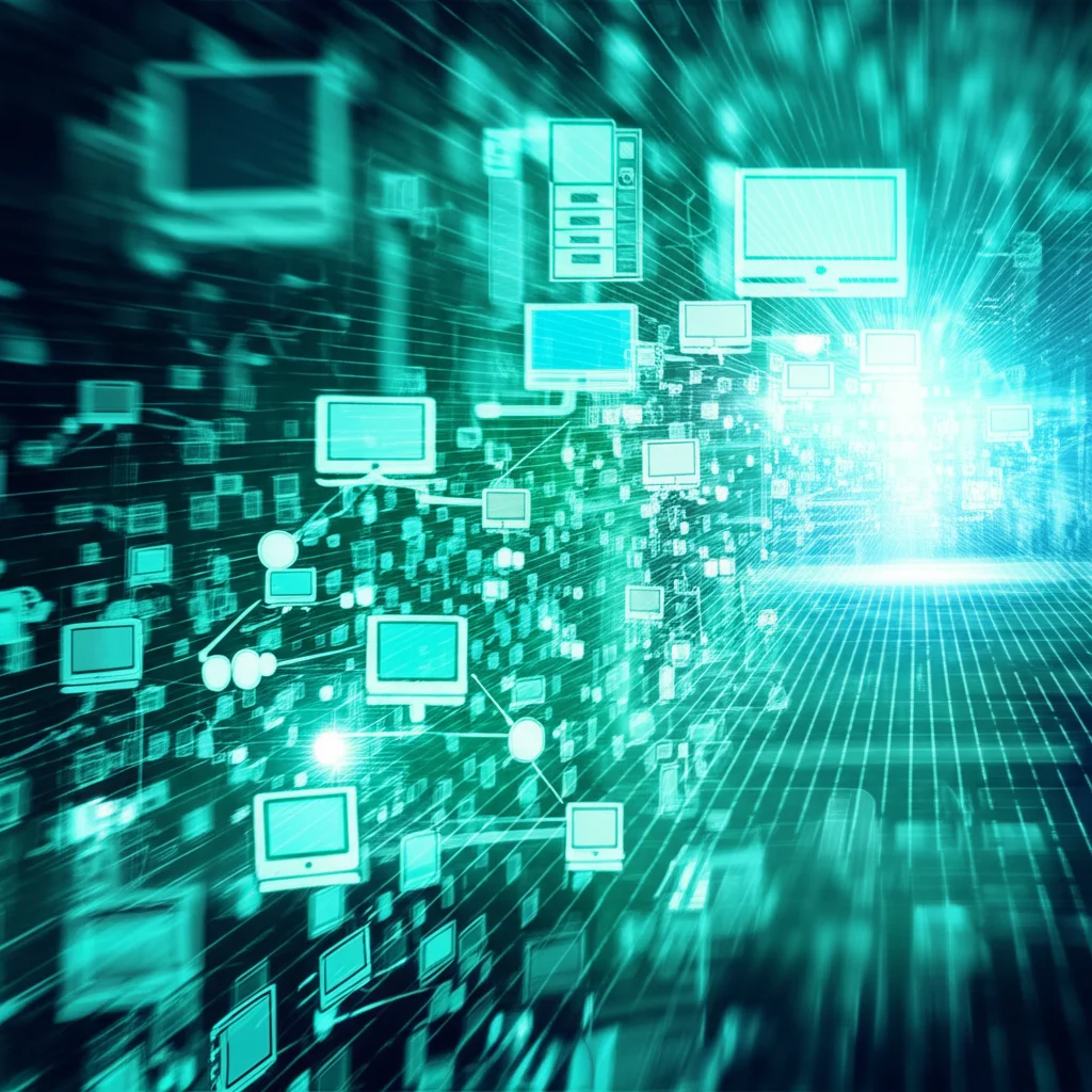 Visualizzazione astratta di dati digitali colorati che fluiscono da diverse fonti (simboli per monitoraggio, scansioni, test) verso una rete neurale stilizzata al centro. Effetto profondità di campo, obiettivo 35mm, duotone blu e verde brillante per rappresentare l'analisi complessa dei dati di produzione tramite machine learning in un ambiente high-tech.