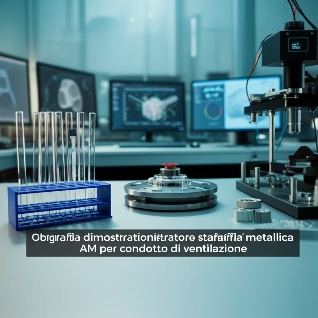 Fotografia di un banco di lavoro in un laboratorio high-tech. In primo piano, il componente dimostratore (staffa metallica AM per condotto di ventilazione) accanto a diverse provette metalliche standard per test. Sullo sfondo, schermi mostrano grafici di dati e modelli 3D. Obiettivo prime 50mm, luce da laboratorio chiara e definita, focus sul componente e le provette.