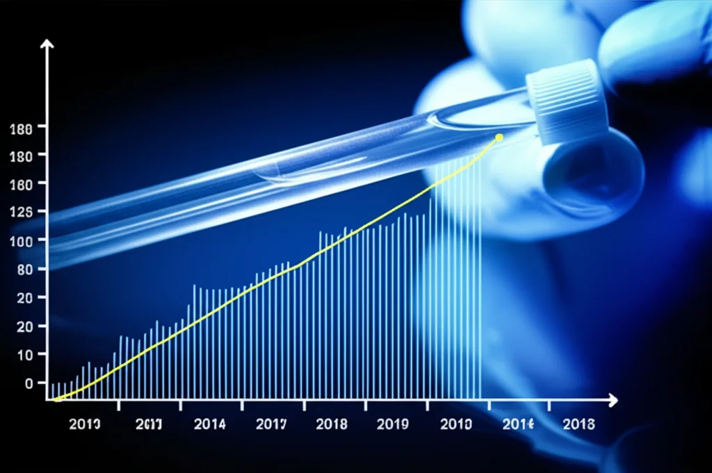 Fotografia macro, obiettivo 100mm, di una provetta contenente un campione di DNA illuminato da una luce soffusa e controllata, con accanto un grafico astratto che mostra curve di rischio crescenti. L'immagine simboleggia l'analisi genetica per la valutazione del rischio di diabete, alta definizione, messa a fuoco precisa.