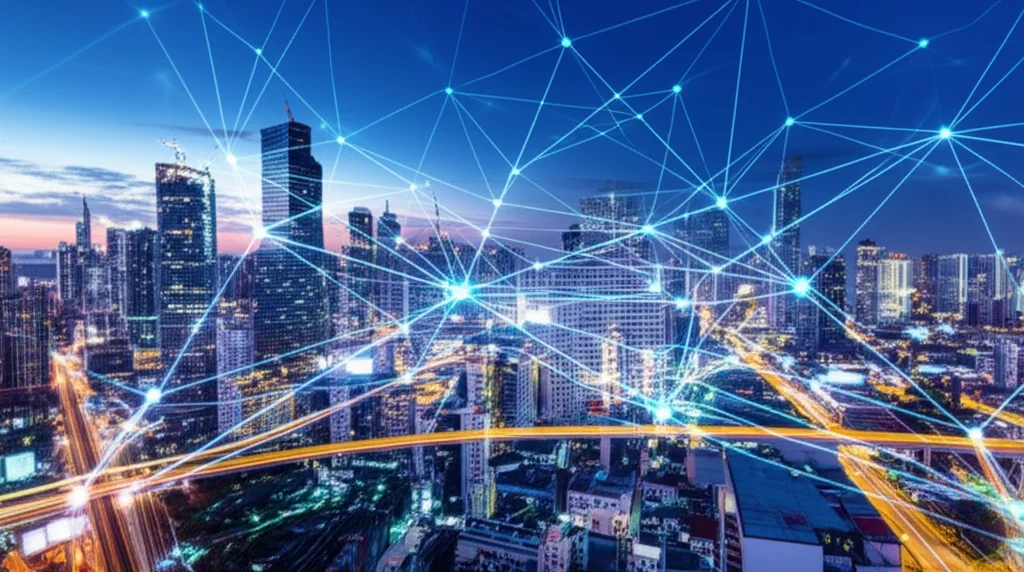 Una visualizzazione astratta di reti neurali o connessioni digitali che si sovrappongono a skyline urbani moderni, simboleggiando il futuro digitale del banking e la psicologia del consumatore. Wide-angle 15mm, esposizione lunga per scie luminose, colori vibranti.