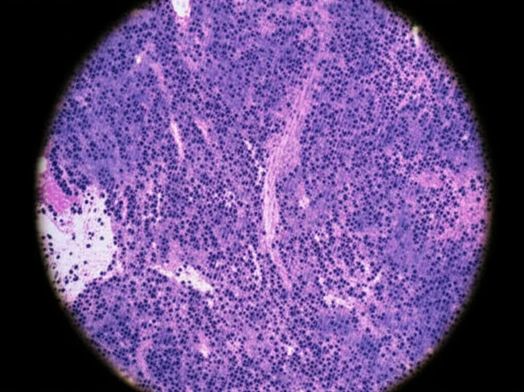 Immagine macro ad alta definizione di una sezione di tessuto cerebrale con glioma visibile, illuminazione laterale controllata per enfatizzare la texture complessa e irregolare della massa tumorale, lente macro 100mm, messa a fuoco precisa sulla zona di confine tra tumore e tessuto sano.