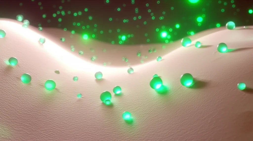 Visualizzazione astratta di molecole luminescenti di neodimio che penetrano in tessuto biologico illuminandolo con luce nel vicino infrarosso, macro lens, 80mm, high detail, controlled lighting, ambiente scientifico.