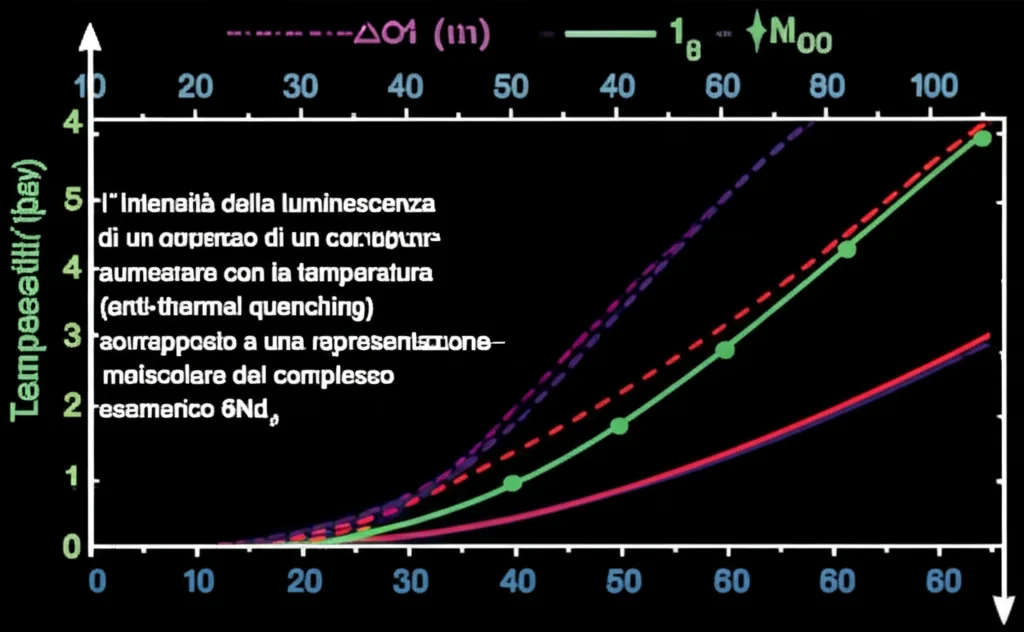 Grafico scientifico stilizzato che mostra l'intensità della luminescenza di un complesso di neodimio aumentare con la temperatura (anti-thermal quenching) sovrapposto a una rappresentazione molecolare del complesso esamerico 6Nd, high detail, precise focusing, sfondo astratto.