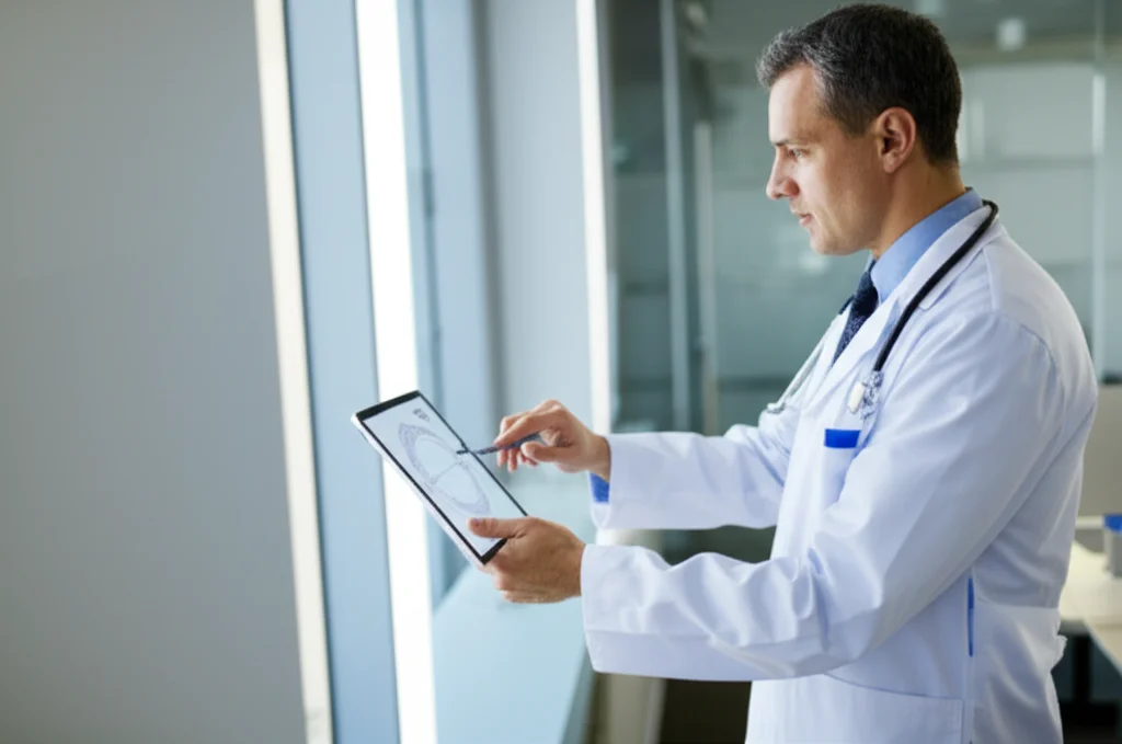 Fotografia di un medico che osserva attentamente un nomogramma visualizzato su un tablet ad alta risoluzione, in un ambiente clinico moderno e luminoso. Lente prime 35mm, profondità di campo ridotta per focalizzare sul nomogramma e l'espressione concentrata del medico.