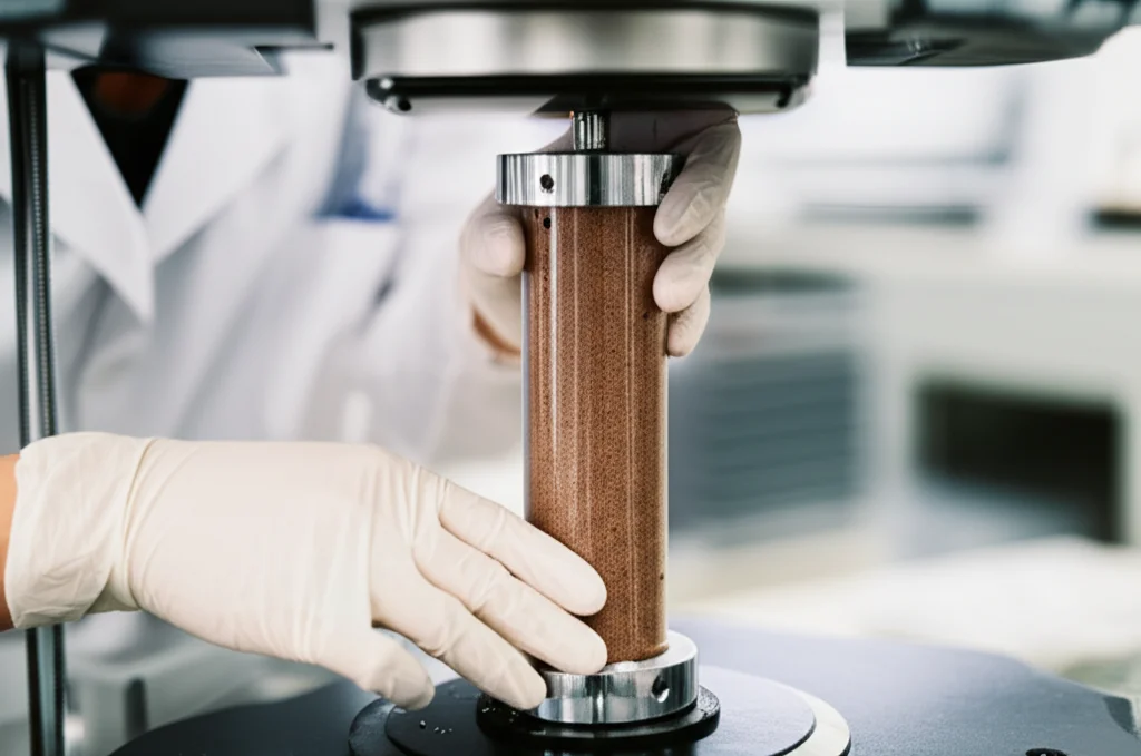 Fotografia realistica in un laboratorio di geotecnica: un campione cilindrico di argilla marrone chiaro con una colonna centrale visibile di PET tritato viene posizionato con cura da mani guantate in una macchina per test di compressione uniassiale (UCT). Luce tecnica focalizzata sul campione, sfondo sfocato con attrezzature da laboratorio, obiettivo 50mm prime, profondità di campo.