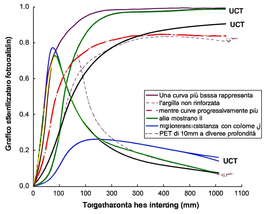 Grafico scientifico stilizzato ma fotorealistico che mostra curve di stress-strain da test UCT. Una curva più bassa rappresenta l'argilla non rinforzata, mentre curve progressivamente più alte mostrano il miglioramento della resistenza con colonne di PET di 10mm e 16mm a diverse profondità. Illuminazione pulita, font chiari, effetto profondità leggero.