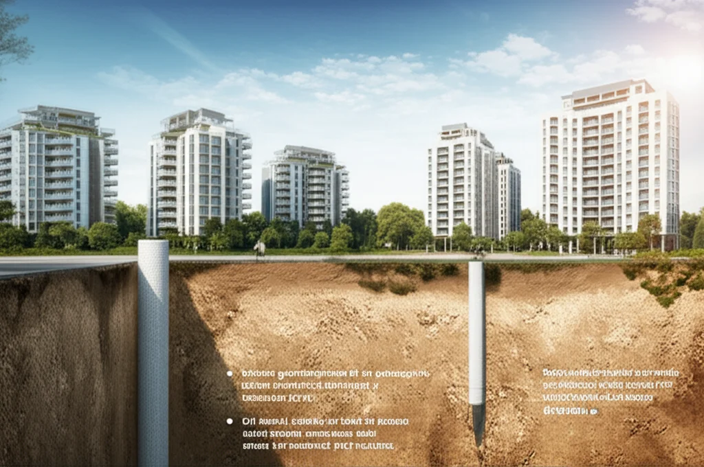 Visione grandangolare di un paesaggio urbano moderno e sostenibile, con edifici ecologici e spazi verdi. In primo piano, una sezione trasversale stilizzata del terreno mostra chiaramente le colonne di rinforzo fatte di materiale PET riciclato che supportano le fondazioni. Luce solare brillante, cielo azzurro con nuvole leggere, obiettivo 18mm, messa a fuoco nitida su tutto il panorama.