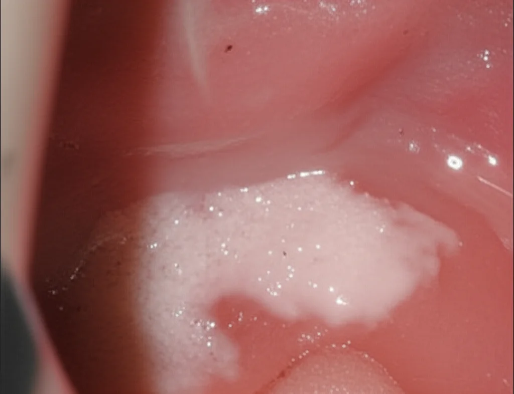 Macro fotografia, 90mm lens, che mostra un primo piano dell'interno di una bocca umana con una distinta macchia bianca (leucoplachia) sulla mucosa della guancia, rappresentante la displasia orale. Alto dettaglio, messa a fuoco precisa, illuminazione clinica controllata.