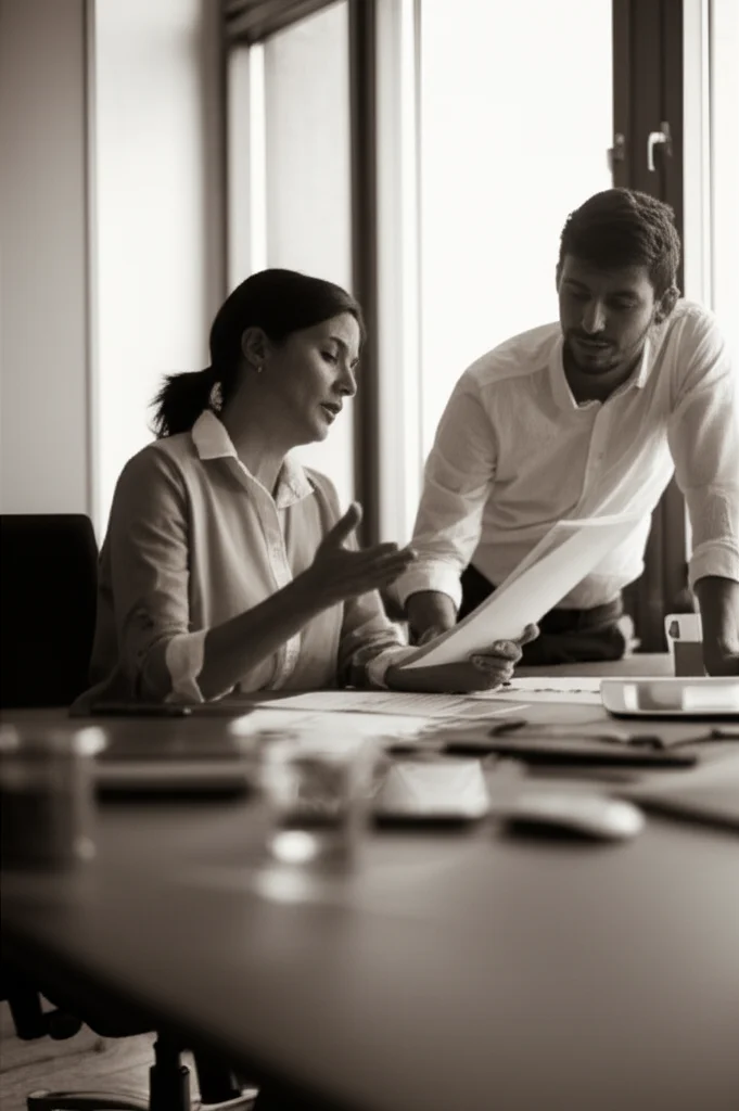 Ritratto fotografico in stile duotone seppia e nero, di una donna e un uomo che discutono animatamente su documenti di lavoro in un ufficio moderno, profondità di campo che sfoca lo sfondo, obiettivo 50mm, per rappresentare le dinamiche complesse della forza lavoro e le disparità salariali. Prime lens, 24-35mm, duotone (sepia and black), Depth of field.