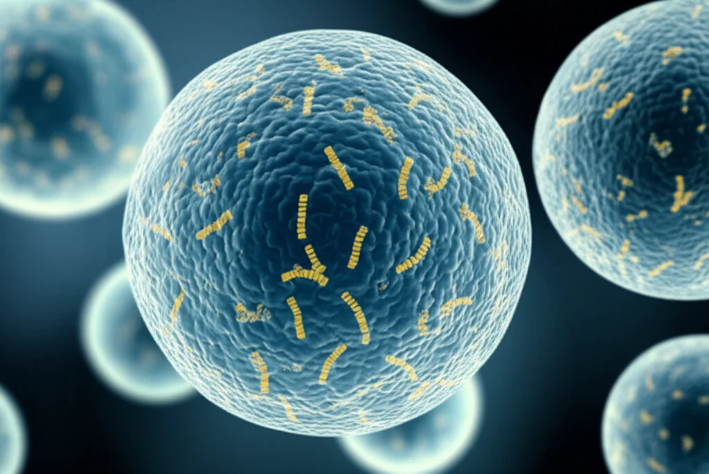 Illustrazione concettuale, stile lente macro 70mm, che mostra particelle simili a virus (VLP) – strutture sferiche che assomigliano a virus ma senza materiale genetico interno – che incapsulano molecole più piccole (rappresentanti il CpG G10). Alto dettaglio, visualizzazione scientifica leggermente stilizzata.