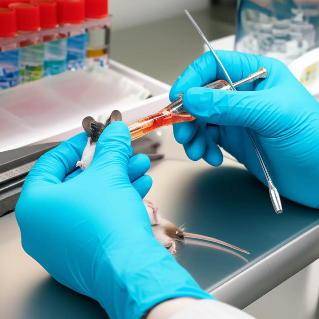 Scena di laboratorio, lente prime 35mm, profondità di campo. Le mani guantate di un ricercatore eseguono con cura un'iniezione intralesionale nella lingua di un topo da laboratorio anestetizzato in condizioni sterili. Focus sulla precisione della procedura.