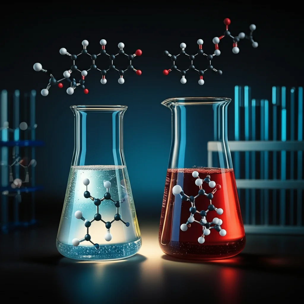 Fotografia di due becher affiancati in un laboratorio chimico moderno, uno contenente una soluzione limpida che simboleggia la formazione di prodotti spirociclici (C-H), l'altro una soluzione leggermente diversa per prodotti fusi (C-O), con modelli molecolari stilizzati che fluttuano sopra ciascun becher, illuminazione drammatica laterale, profondità di campo ridotta, obiettivo 35mm stile film noir.
