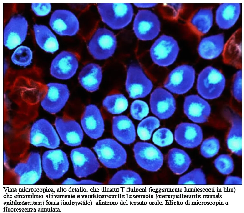 Vista microscopica, alto dettaglio, che illustra linfociti T (leggermente luminescenti in blu) che circondano attivamente e bersagliano cellule epiteliali anormali (leggermente più grandi, forma irregolare) all'interno del tessuto orale. Effetto di microscopia a fluorescenza simulata.