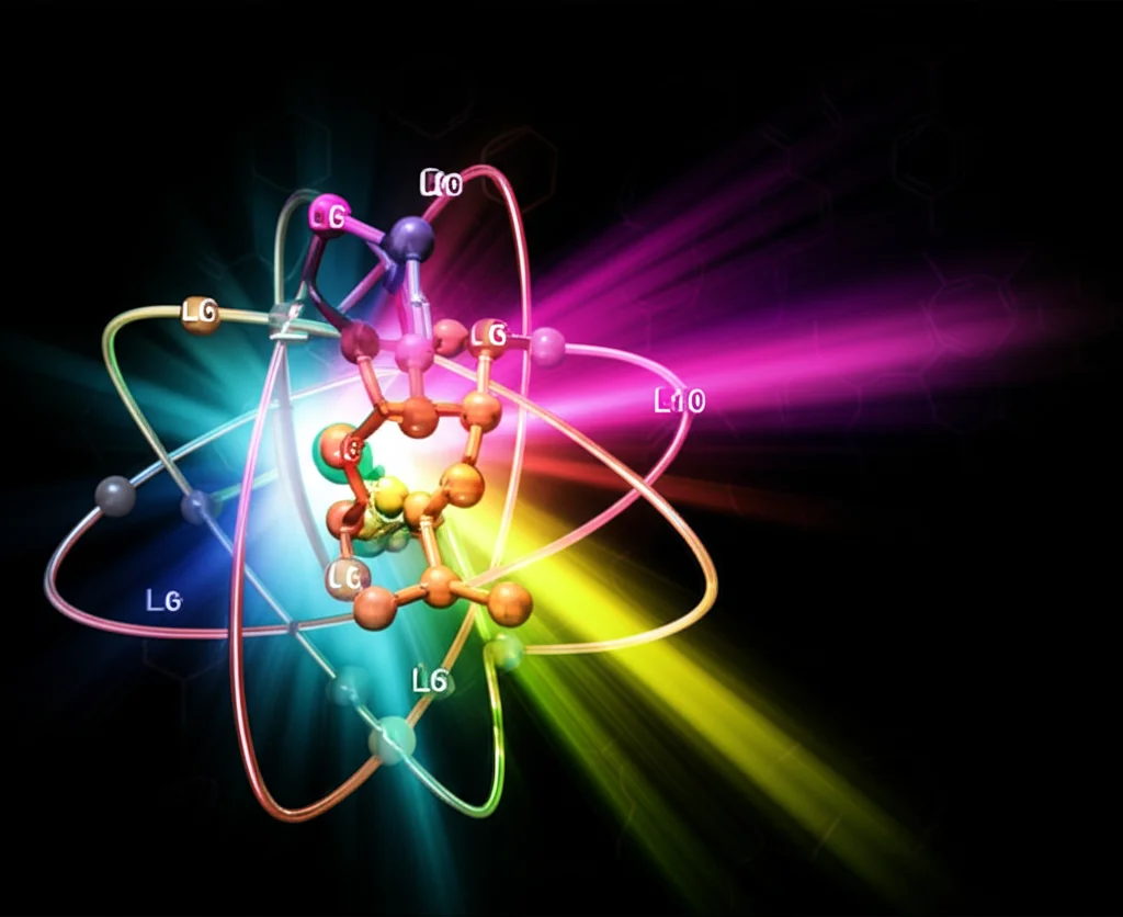 Visualizzazione scientifica astratta ma fotorealistica di un atomo di rame al centro, con due diversi leganti stilizzati (L6 e L10) attaccati, che 'guidano' un intermedio cationico vinilico luminoso lungo due percorsi divergenti rappresentati da scie luminose colorate (una verso un legame C-H, l'altra verso un C-O), sfondo nero con pattern molecolari, alta risoluzione.