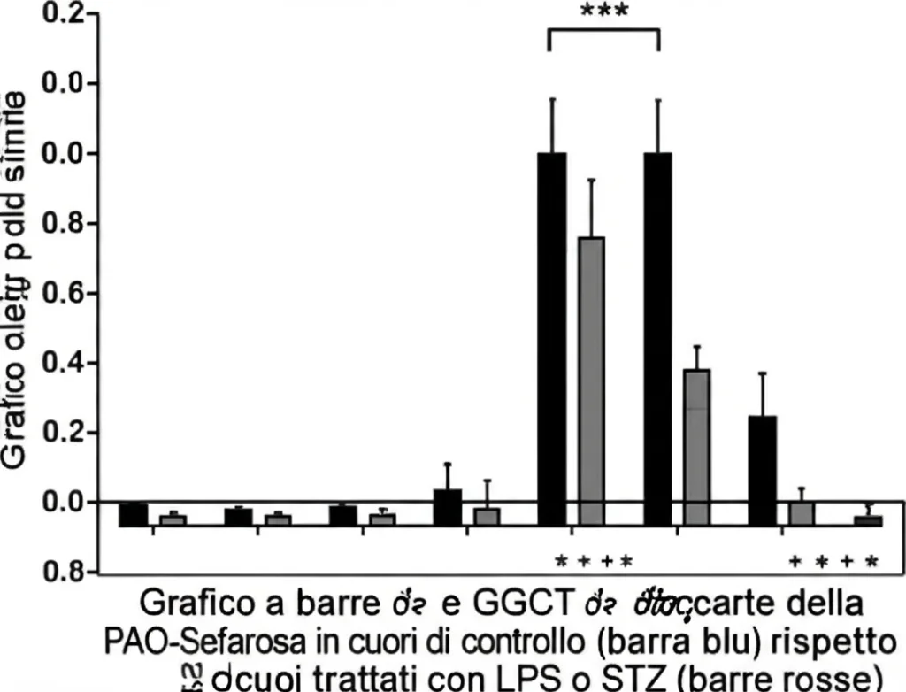 Grafico a barre che mostra la cattura relativa di APIP e GGCT da parte della PAO-Sefarosa in cuori di controllo (barra blu) rispetto a cuori trattati con LPS o STZ (barre rosse). Le barre rosse sono significativamente più basse, indicando ossidazione. Stile grafico scientifico pulito, sfondo bianco.