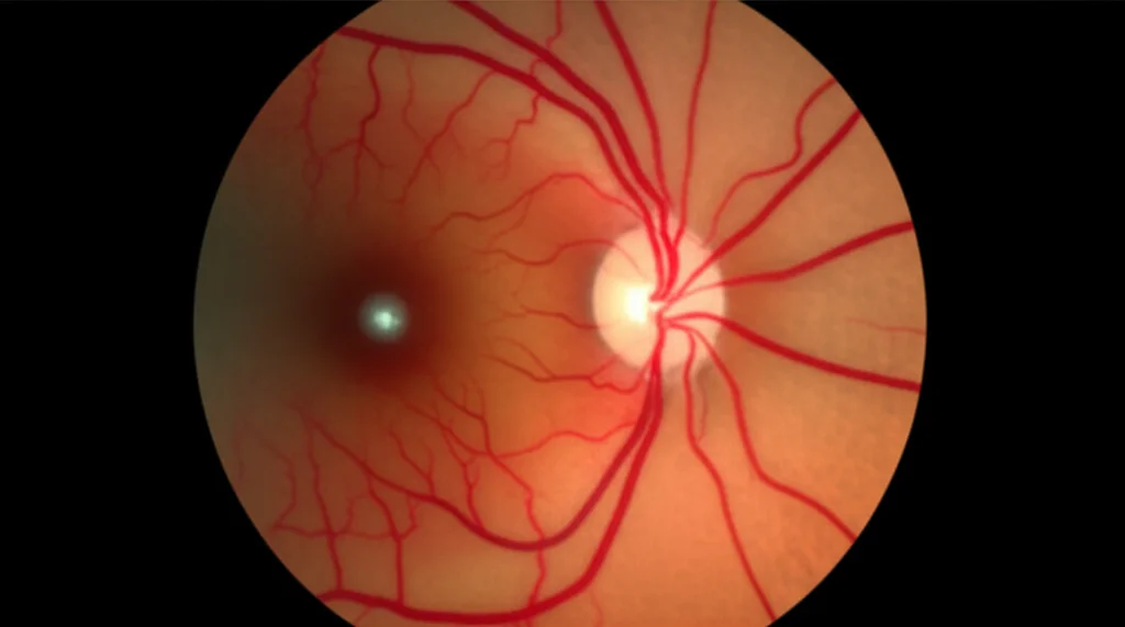 Immagine macro ad alta definizione di un occhio umano durante un esame OCT-Angiografia, 100mm macro lens, illuminazione controllata, che mostra i dettagli intricati dei vasi sanguigni retinici e coroideali.