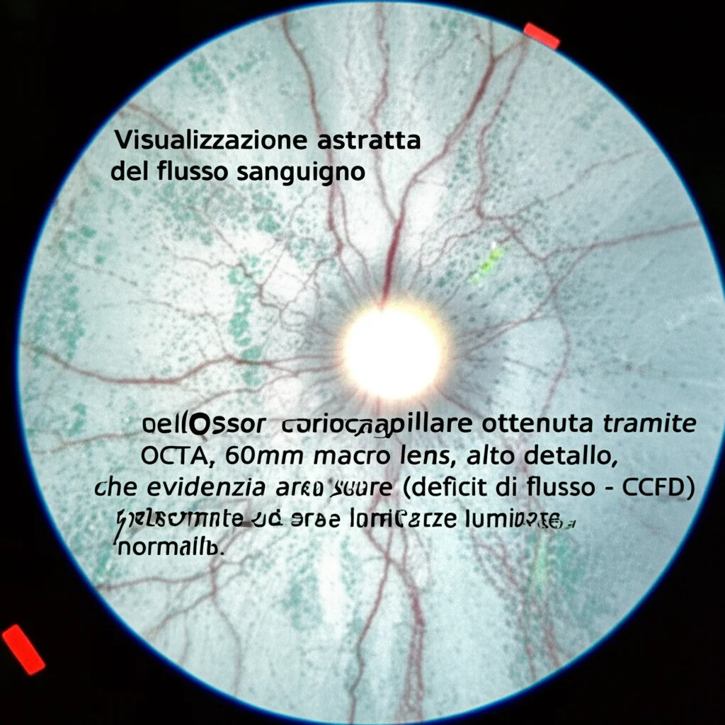 Visualizzazione astratta del flusso sanguigno nella coriocapillare ottenuta tramite OCTA, 60mm macro lens, alto dettaglio, che evidenzia aree scure (deficit di flusso - CCFD) alternate ad aree luminose (flusso normale).