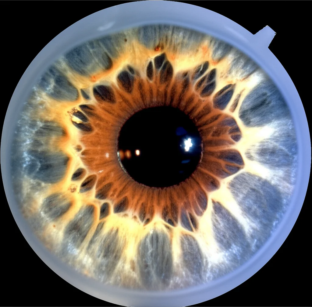 Vista grandangolare del fondo oculare che mostra il disco ottico e la retina circostante, wide-angle 15mm, messa a fuoco nitida, illustrando le differenze strutturali e vascolari tra le regioni nasale e temporale in un occhio miope.